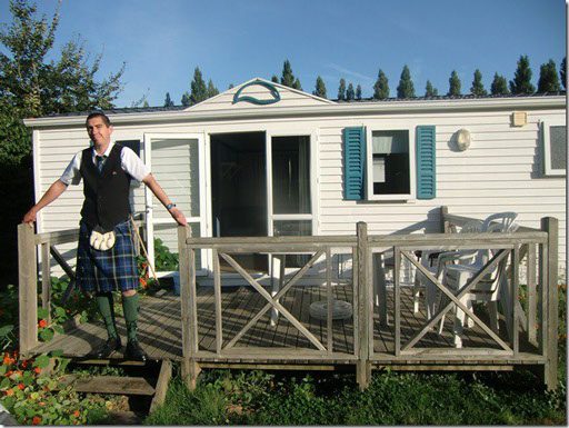 Lionel du Plessis from Calvados in France pictured outside chalet wearing the Italian National kilt